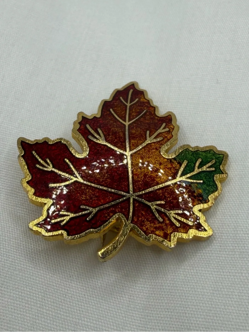 Vintage Goldtone Maple Leaf Brooch Pin Red Yellow Green Enamel Fall Foliage